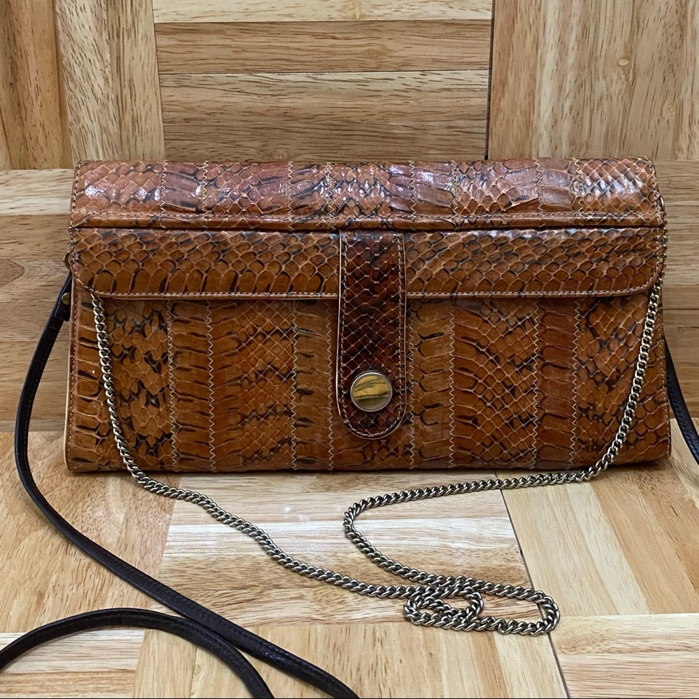 Vintage Brown Snakeskin Leather Envelope Clutch Convertible Crossbody Bag